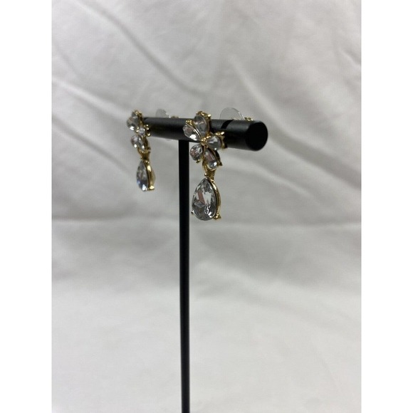 Clear Rhinestone Drop Earrings Gold Tone Flower Dangle Teardrop - Picture 10 of 12